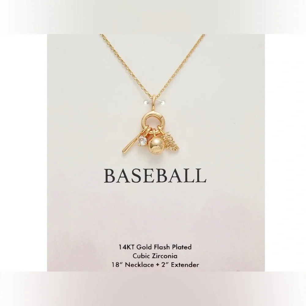 14KT gold plated cz solitaire 18” baseball‎ Home Run monogram necklace brand new